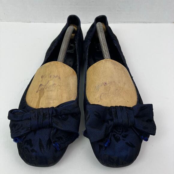 New Directions Floral Burnout Velvet Print Ballet Flats Square Toe Bow Navy Sz 8 - Picture 1 of 16